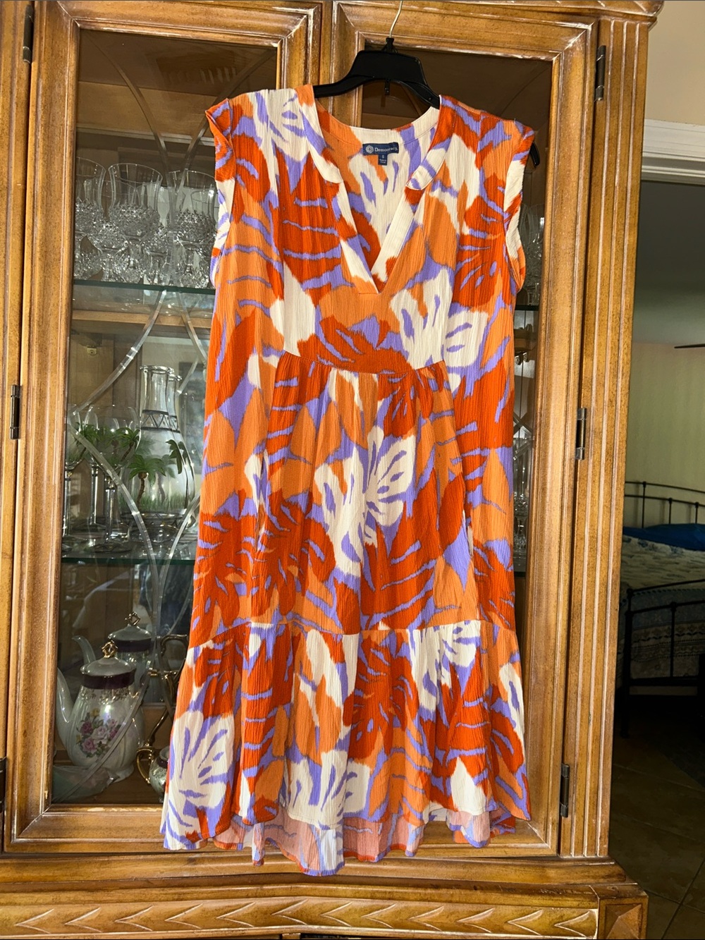 Democracy Orange Floral V-Neck Midi Dress with Lavender Accents
